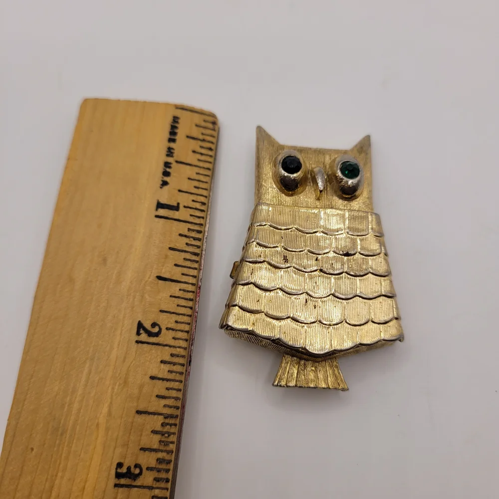 Gold Owl Brooch with Green Eyes